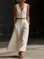 Vista dettagliata del set gilet smanicato con scollo a V e pantaloni larghi beige. - Bianco avorio
