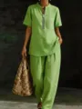 Conjunto de top manga corta y pantalón largo verde detalle, ropa muy cómoda diaria. - S / Parte Superior Y Inferior / Verde
