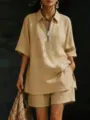 Detail view of the stylish beige linen-style short sleeve shirt and matching shorts set. - Khaki