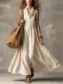 Verano sin mangas cuello V suelto maxi vestido casual vacaciones playa largo vestido mujer - S / Beige