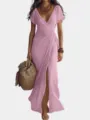 Detalles del elegante vestido largo de gasa liso con cuello en V y abertura para mujer. - S / Rosa