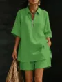 Vista detallada de top verde de manga corta con cremallera y pantalones cortos holgados de verano. - S / Parte Superior Y Inferior / Verde