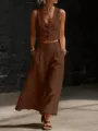 Mujer conjunto casual dos piezas chaleco corto cuello V marron y pantalon ancho - S / Superior E Inferior / Marrón Oscuro