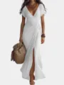 Elegante vestido largo blanco de gasa con cuello en V y abertura alta para mujer. - S / Blanco