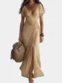 Robe longue en mousseline unie élégante avec col en V et fente haute pour femme chic. - S / Kaki