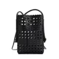 Black woven leather mini crossbody bag, chic hollow out phone pouch for women daily use. - Black