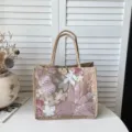 Modische Jute-Tragetasche mit Pailletten-Blumenstickerei, große lässige Damentasche Sommer. - Rosa