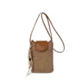 Geweven strooien crossbody tas met bruine lederen flap en kralen kwastje voor dames, telefoon. - Met Hanger / Bruin