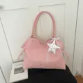 Pink large capacity tote shoulder bag with star patterns and cute plush star pendant. - With Pendant / Pink
