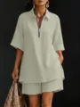Conjunto elegante de verano para mujer top con cremallera polo y short verde claro SKU - S / Parte Superior Y Inferior / Albaricoque