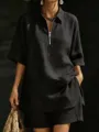 Conjunto negro de dos piezas para mujer con camisa con cremallera y shorts sueltos. - S / Parte Superior Y Inferior / Negro