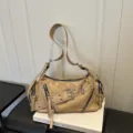 Vintage motorcycle shoulder bag, retro PU leather crossbody bag with multiple zippers. - Khaki