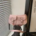Pink retro double pocket shoulder bag fashion vintage underarm bag for women chic baguette bag - Pink