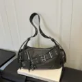Vintage Y2K motorcycle shoulder bag with metal buckles and multiple pockets for daily wear. - Black