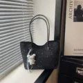 Black star print tote bag women large capacity stylish shoulder bag casual commute handbag - With Pendant / Black