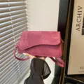 Stylish pink suede asymmetric flap shoulder bag for women, trendy daily casual crossbody bag. - Pink