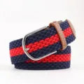 Elastic woven belt with red and blue stripes and silver metal pin buckle for jeans - Blue and Red