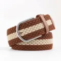 Braided elastic belt featuring brown and cream stripes with a polished silver pin buckle - Camel with Beige