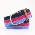 Striped elastic braided belt with silver pin buckle in navy, pink, and light blue - Navy Rose Blue