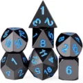 Vue détaillée d'un jeu de dés en métal polyédriques bleus pour les jeux DND RPG. - Nickel Noir avec Chiffres Bleus