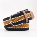 Casual multicolor woven elastic belt with silver pin buckle and leather accents - Black White Yellow