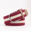 Burgundy and cream striped woven elastic belt with premium silver metal pin buckle - Red with Beige