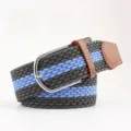 Adjustable grey and blue braided elastic woven belt with brown faux leather and pin buckle - Grey with Blue