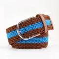 Durable brown woven elastic belt with a striking blue stripe and silver metal pin buckle - Coffee with Blue