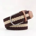 Professional brown and beige striped braided elastic belt with a silver-toned metal pin buckle - Coffee with Beige