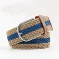 Stylish men's woven elastic belt with khaki and blue stripes and silver pin buckle. - Khaki with Blue