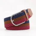 Versatile tricolor elastic braided belt with silver pin buckle and brown leather accents - Blue Coffee Red