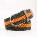 Woven elastic belt with army green and orange stripes and a silver pin buckle design - Green with Orange