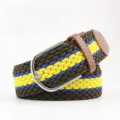 Adjustable multicolor woven elastic stretch belt with a silver metal pin buckle - Green Blue Yellow