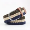 Three-tone braided elastic belt featuring silver pin buckle and brown leather details - Green Beige Blue