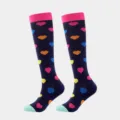 Compression socks for women, navy blue knee high athletic running socks with colorful heart patterns. - S/M / Navy Heart