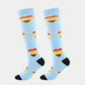 Light blue compression socks with colorful rainbow heart pattern and black toe heel. - S/M / Blue Heart