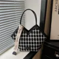 Zwarte en witte tweed shopper tas voor dames, stijlvolle grote handtas voor werk en dagelijks gebruik. - Zwart