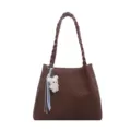 Brown woven tote shoulder bag for women with braided handle and cute white bunny plush pendant. - Brown With Pendant