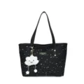 Sac cabas noir imprimé d'étoiles avec charm nuage en peluche, grand sac à main de banlieue. - Avec Pendentif / Noir