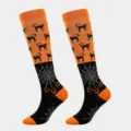 Halloween knee-high socks featuring black cat and spider web patterns for festive wear. - Spooky Cat