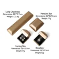 Champagne gold LED jewelry box set with dimensions for rings, earrings, and necklaces - Ring Box / Stud Earring Box / Gold