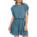 Tutina casual blu in cotone e lino a maniche corte con coulisse in vita e orlo con volant - Taglia S / Top e Pantaloni / Blu