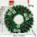 40cm green tinsel Christmas wreath with holly leaves and red berries decoration - Green Wreath With Leaves