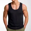 Detailed view of men's black knit tank top featuring U-neck and breathable texture - 3XL / Tops / Black