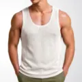 Close-up of white knitted men's tank top with breathable mesh texture and U-neck - 3XL / Tops / White