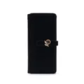 Front view of a sleek black long wallet featuring a decorative gold leaf metal buckle - Black