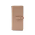 Close-up front view of elegant khaki PU leather wallet featuring a metal leaf-shaped buckle. - Apricot