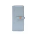 Detail view of a light blue PU leather long wallet with an elegant metal leaf buckle - Sky Blue