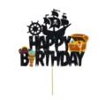 Black glitter pirate ship cake topper with Happy Birthday text for birthday parties - HAPPY BIRTHDAY Large Cake Topper