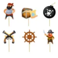 Set of 6 cartoon pirate theme birthday party cake toppers with assorted designs. - Pirate Theme Small Cupcake Toppers